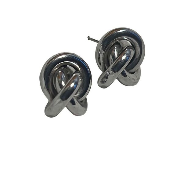 Vintage Knot Puffed Polished Swirl Silver Tone Post Back Stud Earrings - Picture 4 of 5